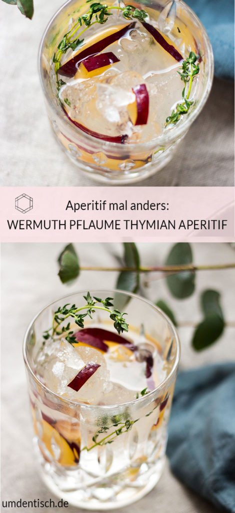 Der süßliche Wermuth, das bittere leicht Tonic-Water, die Aromen von Thymian und Pflaume und spritzig-säuerliche Zitrone machen den Drink so lecker, dass es sicher nicht bei einem Aperitif bleibt. Das Rezept für den Aperitif findet ihr auf meinem Blog (umdentisch.de) #aperitif #rezept #aperitivo #pfluame #thymian